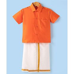 Babyhug Woven Half Sleeves Solid Color Shirt & Mundu Set - Orange