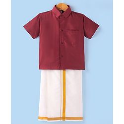 Babyhug Half Sleeves Solid Color Shirt & Mundu Set - Red