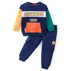 Babyhug Terry Cotton Knit Full Sleeves Text Printed T-Shirt & Lounge Pant Set - Multicolour