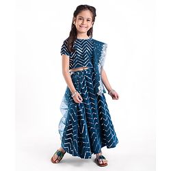 Babyhug Half Sleeves Velvet Sequenced Choli with Embroidered Lehenga  and Dupatta Set - Navy Blue