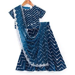 Babyhug Half Sleeves Velvet Sequenced Choli with Embroidered Lehenga  and Dupatta Set - Navy Blue