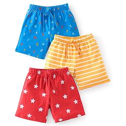 Babyhug Cotton Knit Shorts Striped & Stars Print Pack of 3 - Red Yellow & Blue