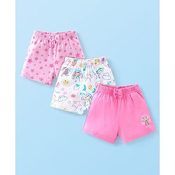 Babyhug Cotton Knit Shorts With Star & Clouds Print Pack Of 3 - Pink & White