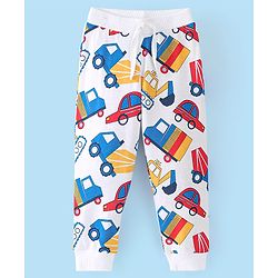 Babyhug Cotton Looper Knit Full Length Lounge Pant Construction Vehicles Printed - White