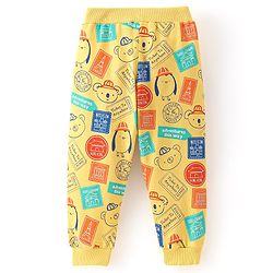 Babyhug Cotton Knit Full Length Lounge Pant Bear Printed - Yellow