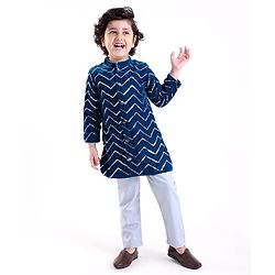 Babyhug Velvet Sequenced Embroidered Full Sleeves Sherwani Kurta Pyjama Set - Navy Blue