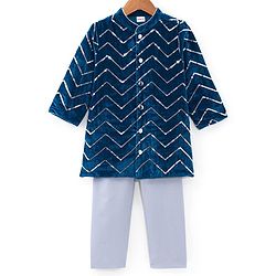 Babyhug Velvet Sequenced Embroidered Full Sleeves Sherwani Kurta Pyjama Set - Navy Blue