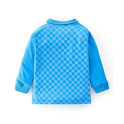 Babyhug 100% Cotton Knit Full Sleeves Polo T-Shirt with Checks & Car Graphics - Blue