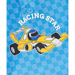 Babyhug 100% Cotton Knit Full Sleeves Polo T-Shirt with Checks & Car Graphics - Blue