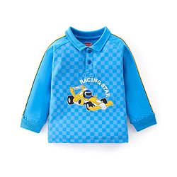 Babyhug 100% Cotton Knit Full Sleeves Polo T-Shirt with Checks & Car Graphics - Blue