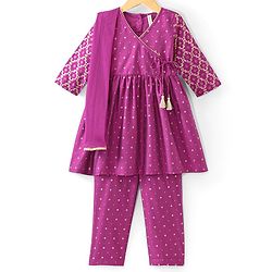 Babyhug Three Fourth Sleeves Foil Printed Kurti Pant and Dupatta - Fuchsia