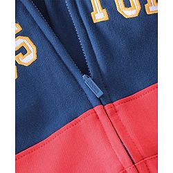 Babyhug 100% Cotton Knit Full Sleeves Cut & Sew Sweatjacket With Hood Text Applique Detailing - Red & Navy Blue