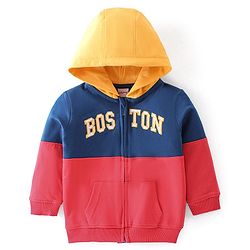 Babyhug 100% Cotton Knit Full Sleeves Cut & Sew Sweatjacket With Hood Text Applique Detailing - Red & Navy Blue