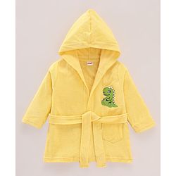 Babyhug Cotton Terry Knit Full Sleeves Hooded Bath Robe Dino Embroidery - Yellow