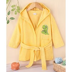 Babyhug Cotton Terry Knit Full Sleeves Hooded Bath Robe Dino Embroidery - Yellow