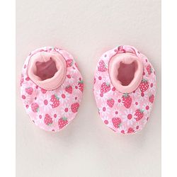 Babyhug 100% Cotton Interlock Knit Cap Mittens & Booties Set with Strawberry Print - Pink