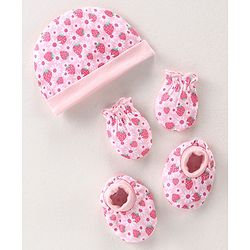 Babyhug 100% Cotton Interlock Knit Cap Mittens & Booties Set with Strawberry Print - Pink