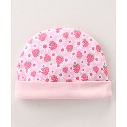 Babyhug 100% Cotton Interlock Knit Cap Mittens & Booties Set with Strawberry Print - Pink
