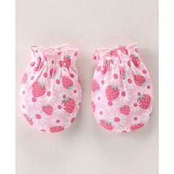 Babyhug 100% Cotton Interlock Knit Cap Mittens & Booties Set with Strawberry Print - Pink