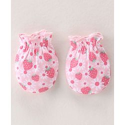 Babyhug 100% Cotton Interlock Knit Cap Mittens & Booties Set with Strawberry Print - Pink