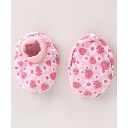 Babyhug 100% Cotton Interlock Knit Cap Mittens & Booties Set with Strawberry Print - Pink