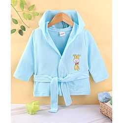 Babyhug Cotton Knit Full Sleeves Hooded Bath Robe with Giraffe Applique - Blue