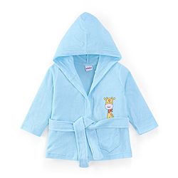 Babyhug Cotton Knit Full Sleeves Hooded Bath Robe with Giraffe Applique - Blue