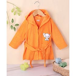Babyhug Full Sleeves Bath Robe with Hood Elephant Patch - Orange