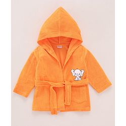 Babyhug Full Sleeves Bath Robe with Hood Elephant Patch - Orange