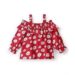 Babyhug Rayon Woven Off Shoulder Full Sleeves Floral Printed & Frill Detailing Top - Red