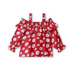 Babyhug Rayon Woven Off Shoulder Full Sleeves Floral Printed & Frill Detailing Top - Red