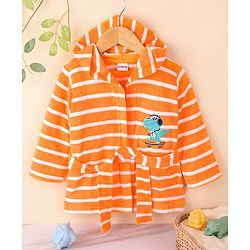 Babyhug Cotton Knit Full Sleeves Hooded Bath Robe Dino Design - Orange