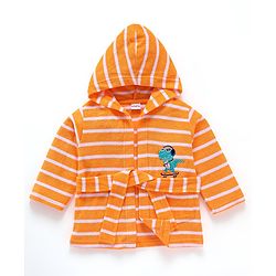 Babyhug Cotton Knit Full Sleeves Hooded Bath Robe Dino Design - Orange