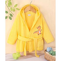Babyhug Terry Knit Full Sleeves Hooded Bath Robe With Dino Patch- Yellow