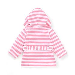Babyhug Cotton Terry Knit Full Sleeves Hooded Bath Robe Stripes & Owl Design - Pink & White