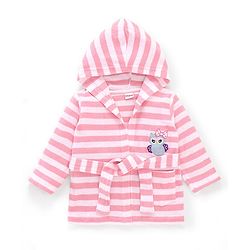 Babyhug Cotton Terry Knit Full Sleeves Hooded Bath Robe Stripes & Owl Design - Pink & White