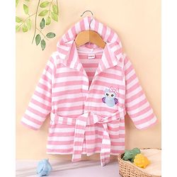 Babyhug Cotton Terry Knit Full Sleeves Hooded Bath Robe Stripes & Owl Design - Pink & White