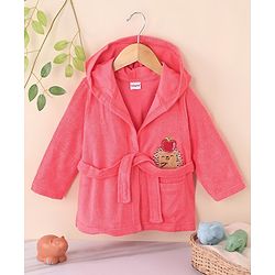 Babyhug Cotton Knit Full Sleeves Hooded Bath Robe Hedgehog Design - Red