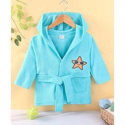 Babyhug Full Sleeves Cotton Bath Robe with Hood - Blue