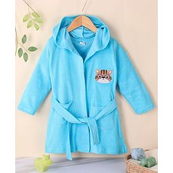 Babyhug Terry Knit Full Sleeves Hooded Bath Robe Tiger Design - Blue
