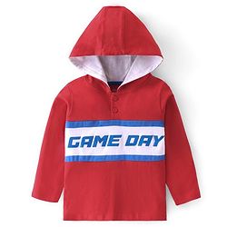 Babyhug 100% Cotton Cut & Sew Full Sleeves T-Shirt with Hood & Text Graphics Print - Red