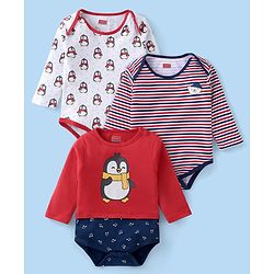 Babyhug 100% Cotton Full Sleeves Striped Onesies Penguin Print Pack of 3 - Red & White