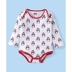Babyhug 100% Cotton Full Sleeves Striped Onesies Penguin Print Pack of 3 - Red & White