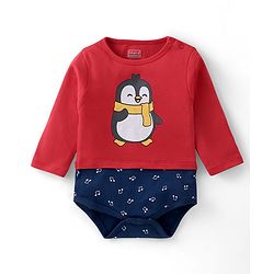 Babyhug 100% Cotton Full Sleeves Striped Onesies Penguin Print Pack of 3 - Red & White