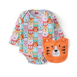 Babyhug 100% Cotton Knit Full Sleeves Onesie with Bib Lion Print - Multicolour