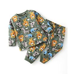 Babyhug Single Jersey Cotton Knit Full Sleeves Night Suit Animal Print - Green