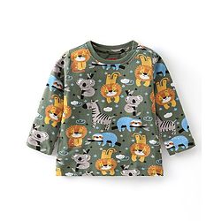 Babyhug Single Jersey Cotton Knit Full Sleeves Night Suit Animal Print - Green