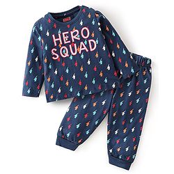 Babyhug Single Jersey Cotton Knit Full Sleeves Night Suit Thunder Bolt Print - Navy Blue
