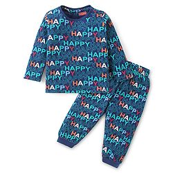 Babyhug Cotton Knit Full Sleeves Night Suit With Text Print - Navy Blue