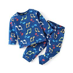 Babyhug Cotton Knit Full Sleeves Musical Notes Printed Night Suit - Blue